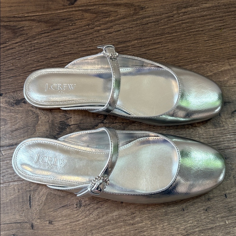 J Crew Silver Metallic Mary Jane Mules Gem Detail Size 8.5 Preppy Party Academia - Picture 3 of 9